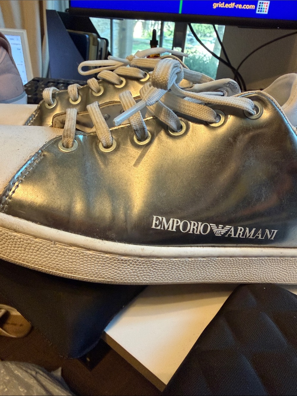 Emporio Armani Men’s Silver and White Low-Top Sneakers